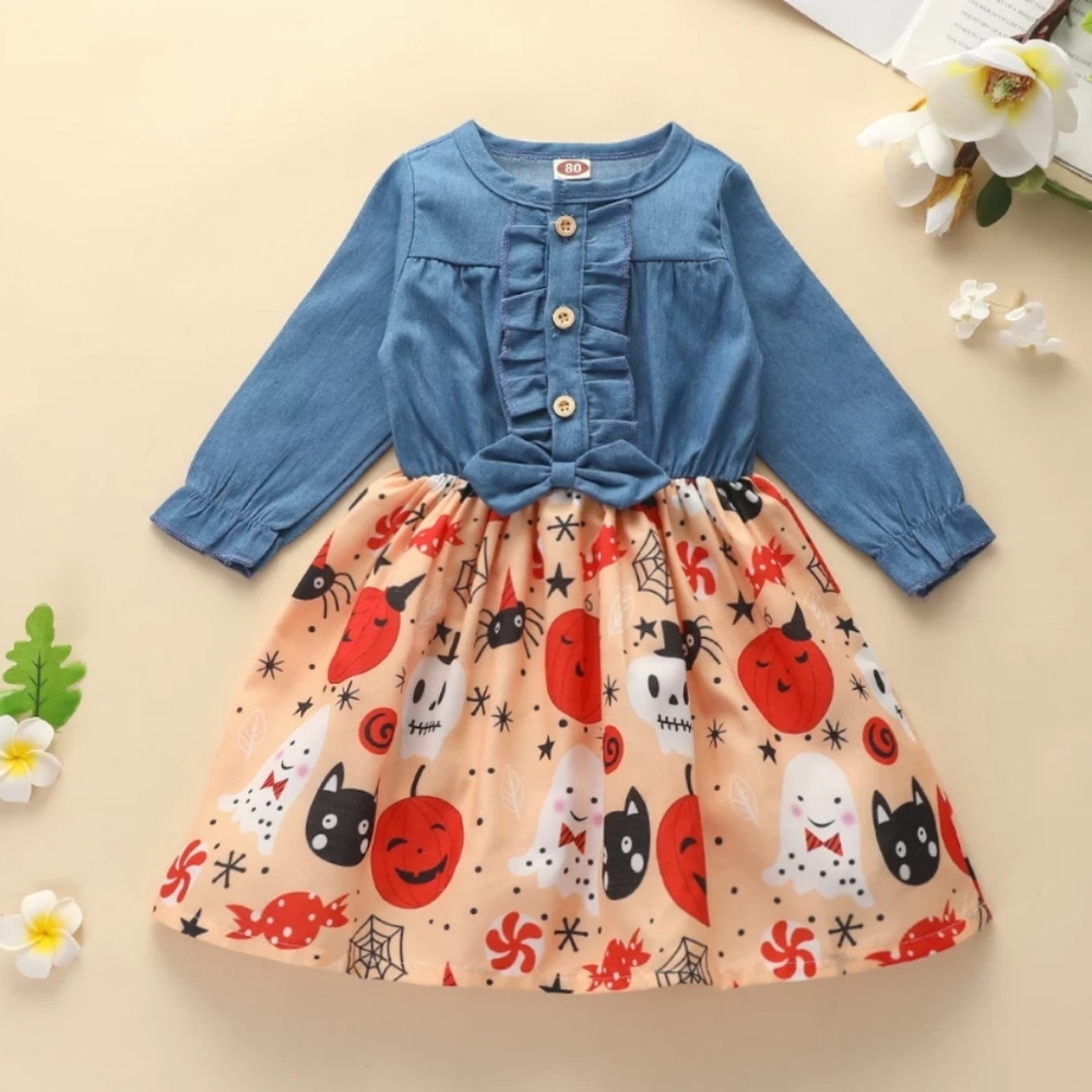 Denim long sleeve pumpkin candy spider girl Halloween dress size 90 12-18 months